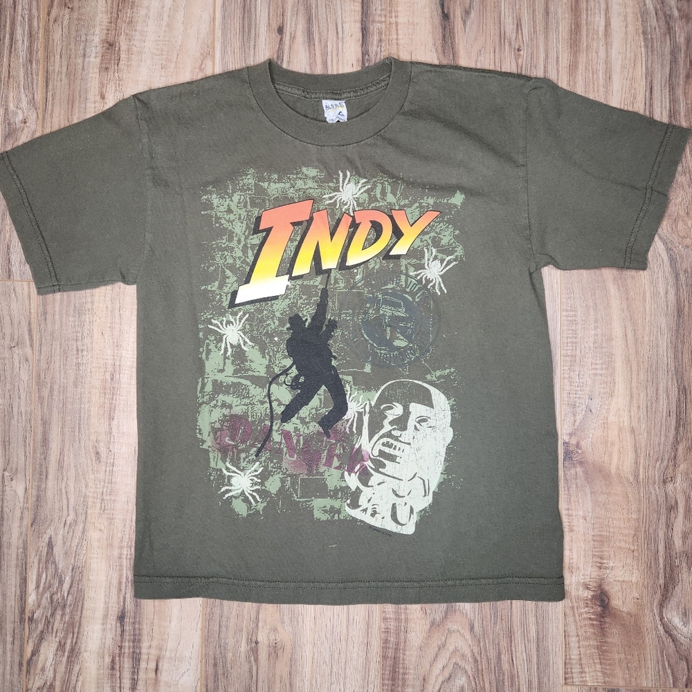 Y2K Indiana Jones Indy Tee T-shirt Boys Medium Vintage Adventure Army Green
